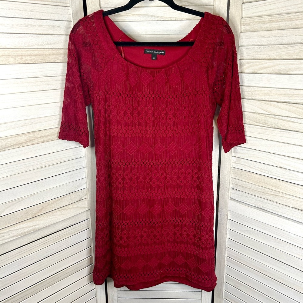 Chris McLaughlin Deep Red Sheath Mini Dress with Lace Sleeves and Netting 10